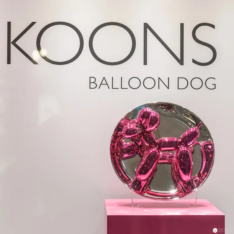 Jeff Koons Pink Metallic Balloon Dog Sculpture on Display