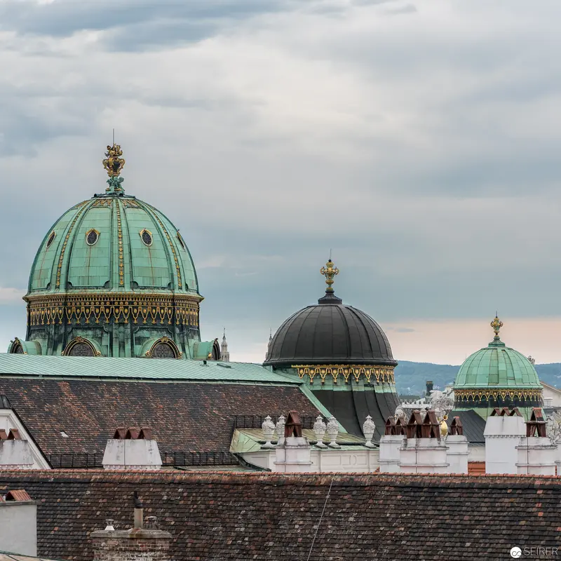 Historic Baroque Architectural Roofscape with Ornate Green and Black Domed Structures