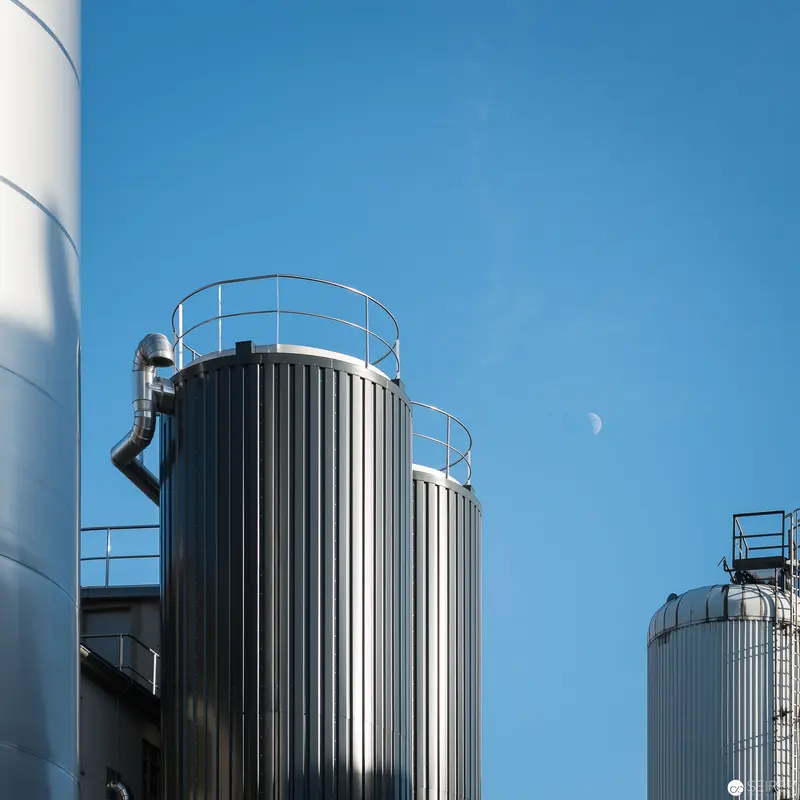 Industrial Vertical Landscape with Cylindrical Storage Tanks and Lunar Presence