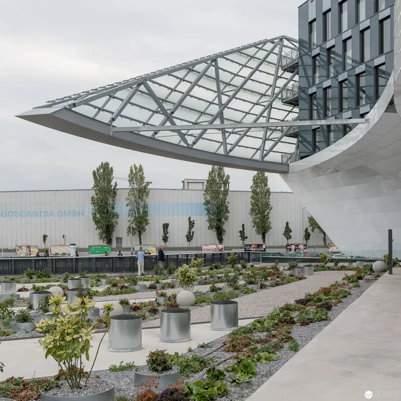 Modern Architectural Glass Canopy with Urban Landscape Garden Design