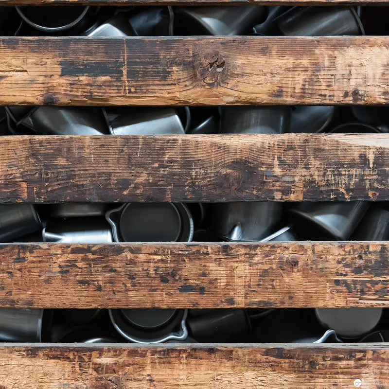 Weathered Wooden Planks Framing Industrial Metal Containers in Geometric Composition