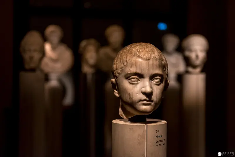 Ancient Roman Marble Portrait Head Displayed in Museum Exhibition