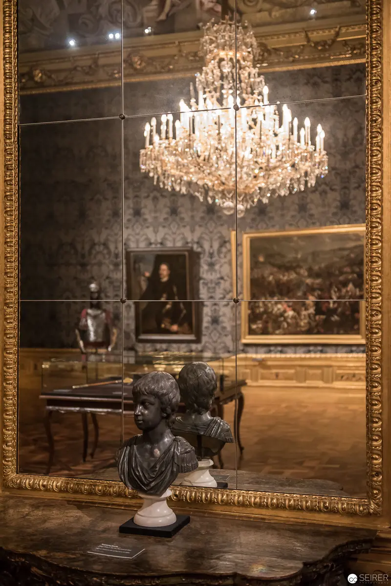 Baroque Chandelier and Sculptural Bust in Ornate Viennese Palace Interior