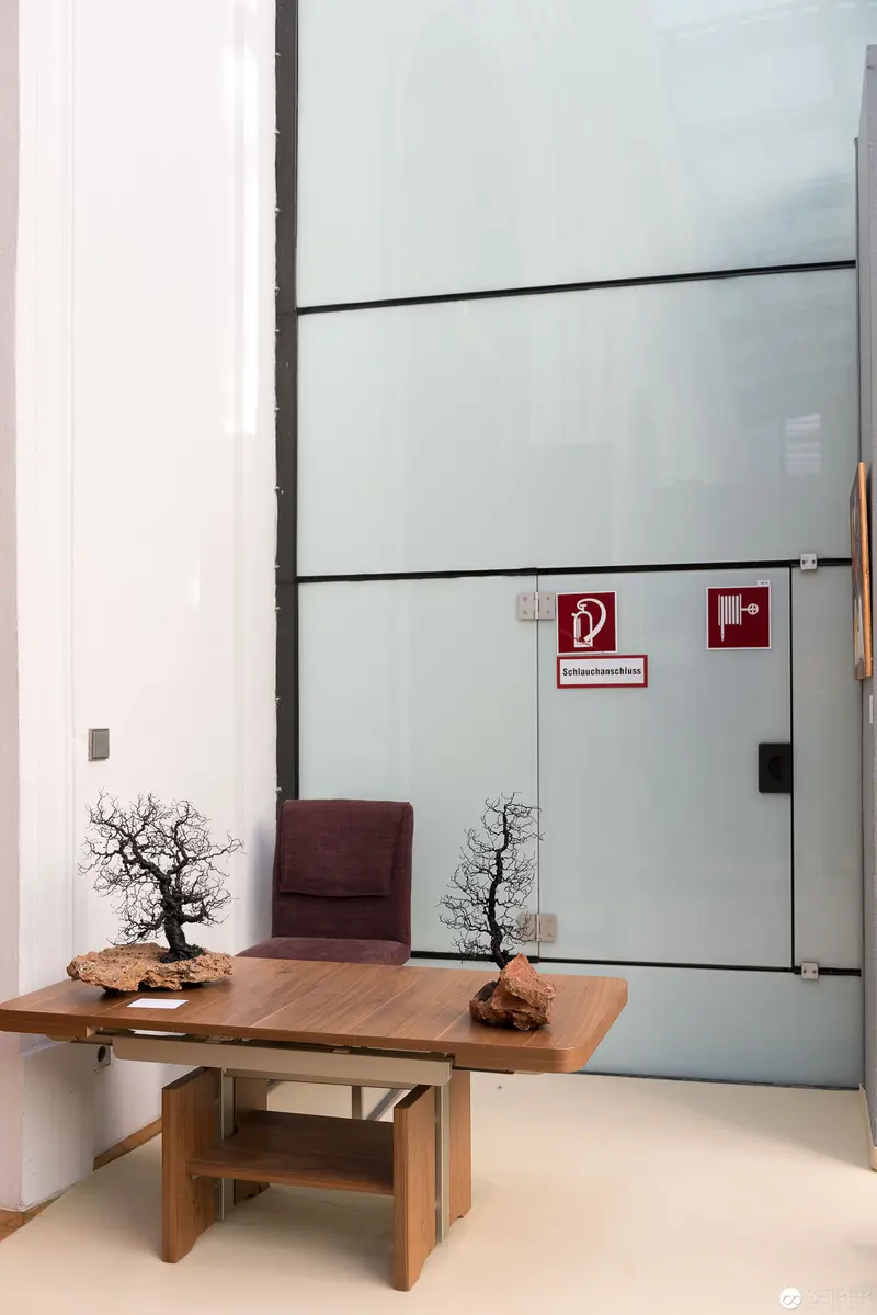 Minimalist Interior with Bonsai Trees and Emergency Signage