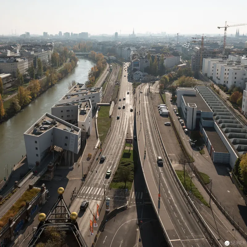 Aerial View of Spittelau Waste Incineration Plant and Urban Infrastructure in Vienna