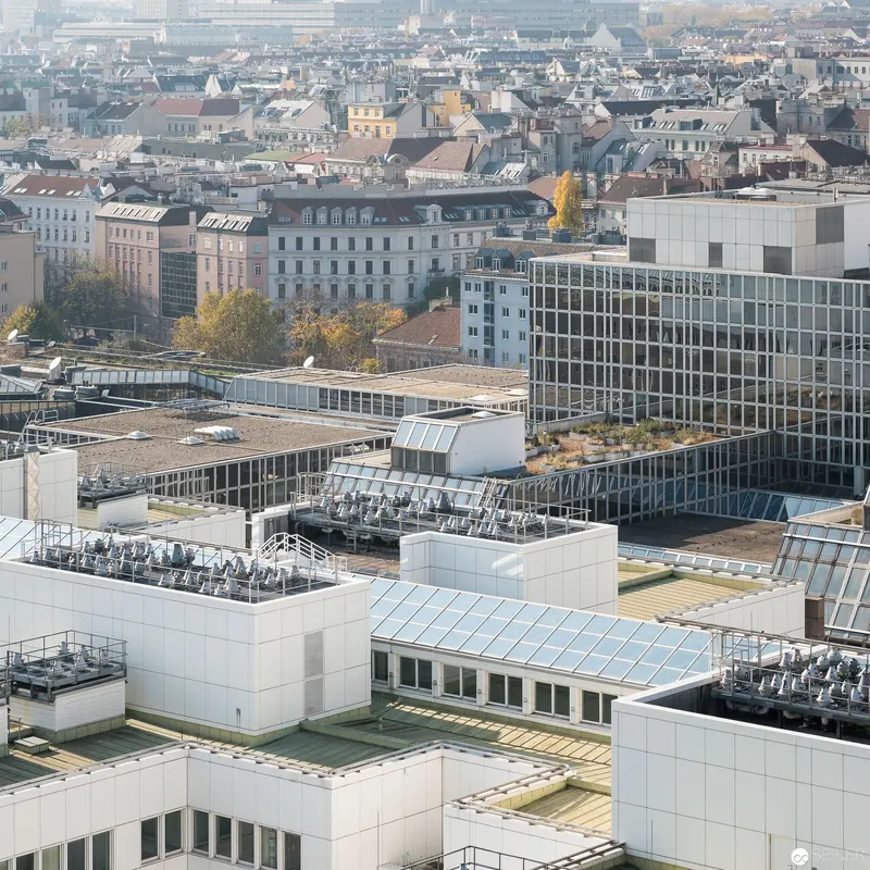 Aerial View of Urban Landscape Featuring Spittelau Waste Incineration Plant, Vienna