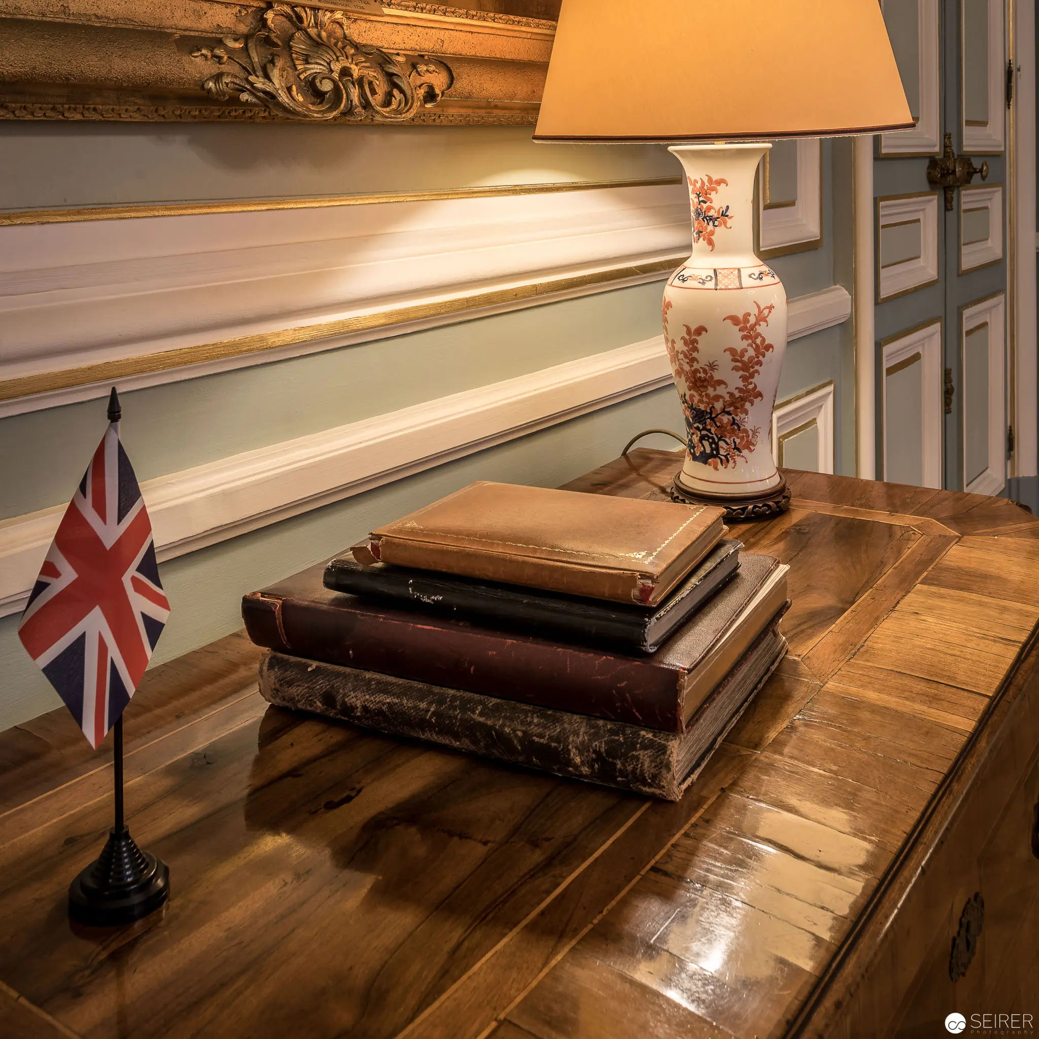 British Embassy Interior with Union Jack and Antique Decorative Vase