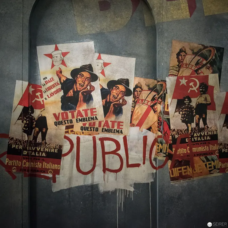 Vintage Italian Communist Party Propaganda Posters in Urban Architectural Setting