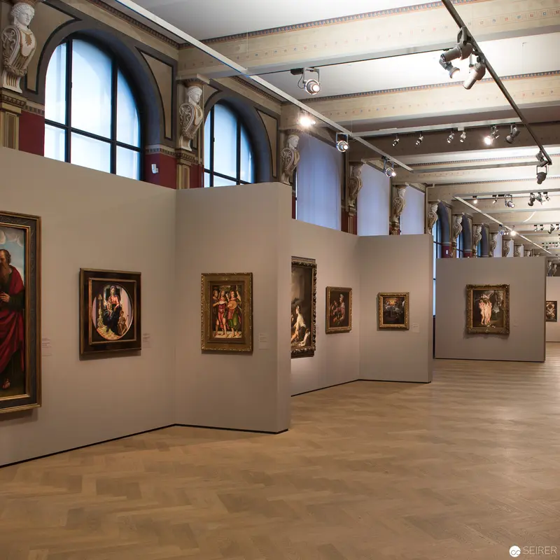 Art Museum Gallery Interior with Renaissance and Baroque Paintings on Display
