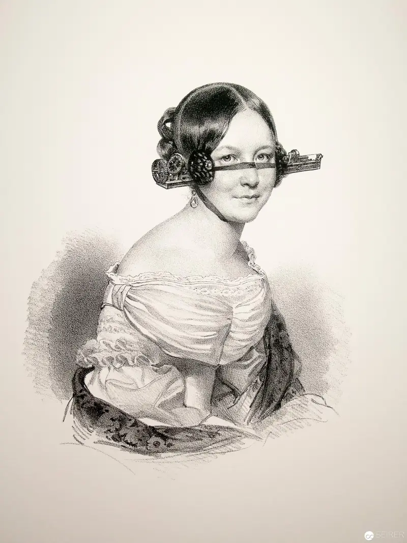 Mid-19th Century Lithograph Portrait of a Woman in Elegant Attire