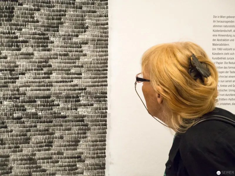 Art Patron Contemplating Abstract Monochromatic Artwork at Albertina's New Acquisitions Exhibition