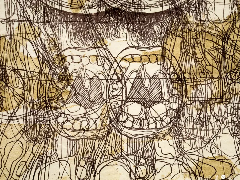 Anatomical Sketch of Interconnected Skull Forms in Complex Linear Composition