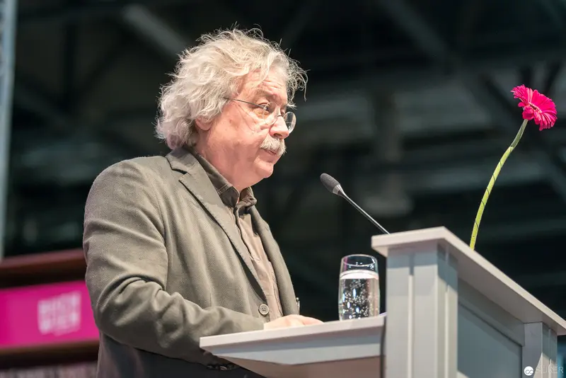 Distinguished Speaker with Pink Gerbera at Buch Wien 2017 Literary Festival