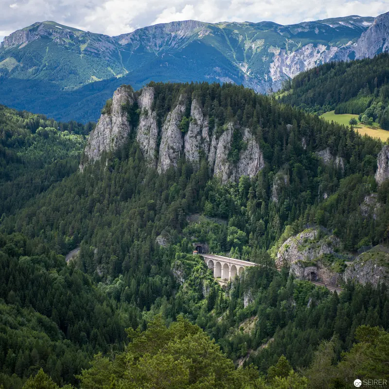 Alpine Railway Viaduct Nestled in Forested Mountain Landscape near Steep Rocky Cliffs