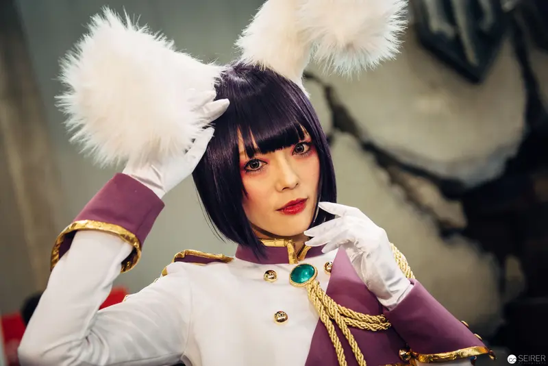 Cosplay Portrait of Military-Inspired Character with White Fur Accessories