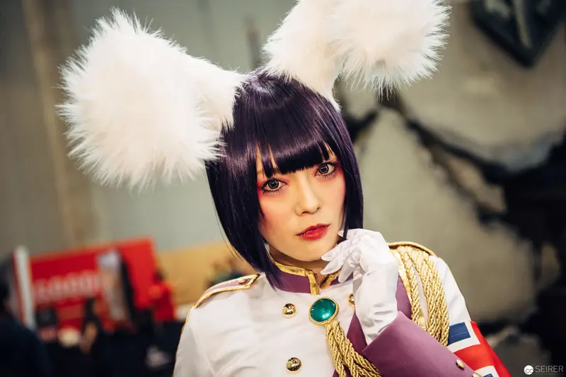Cosplay Portrait in Military-Inspired Anime Costume with White Fur Accessories