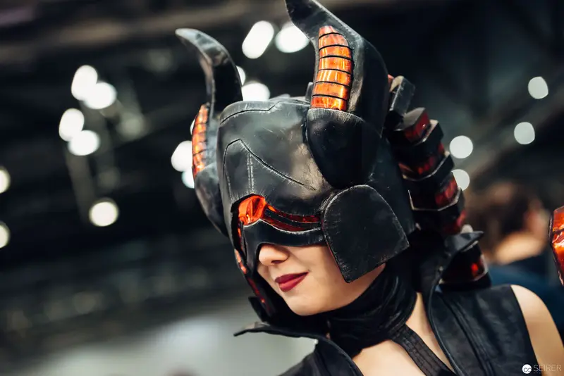 Cyberpunk Cosplay Portrait with Intricate Metallic Helmet and Orange Accents