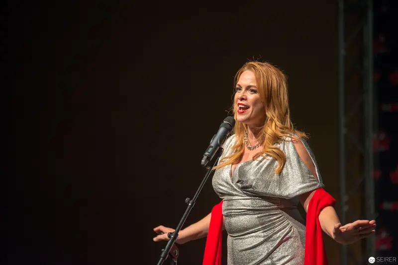 Performer in Metallic Dress with Red Accent on Concert Stage