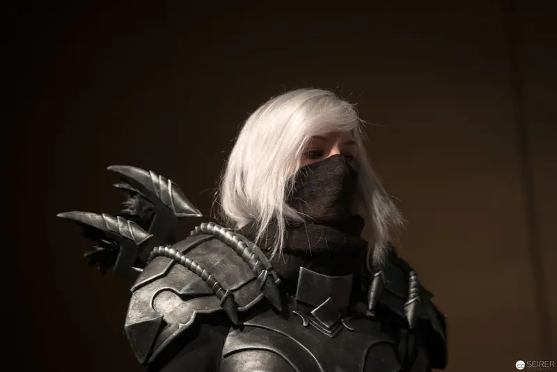 Dark Fantasy Warrior in Spiked Armor with White Hair and Masked Face