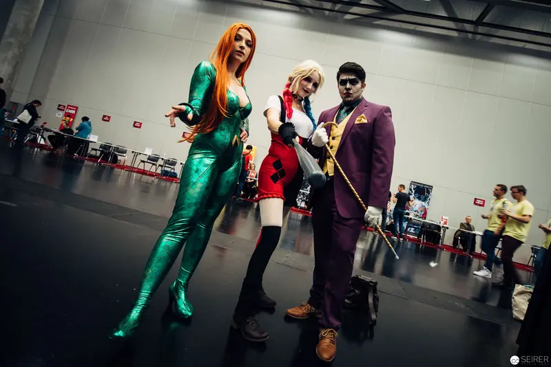 Comic Convention Cosplay: Trio in Elaborate Superhero and Villain Costumes