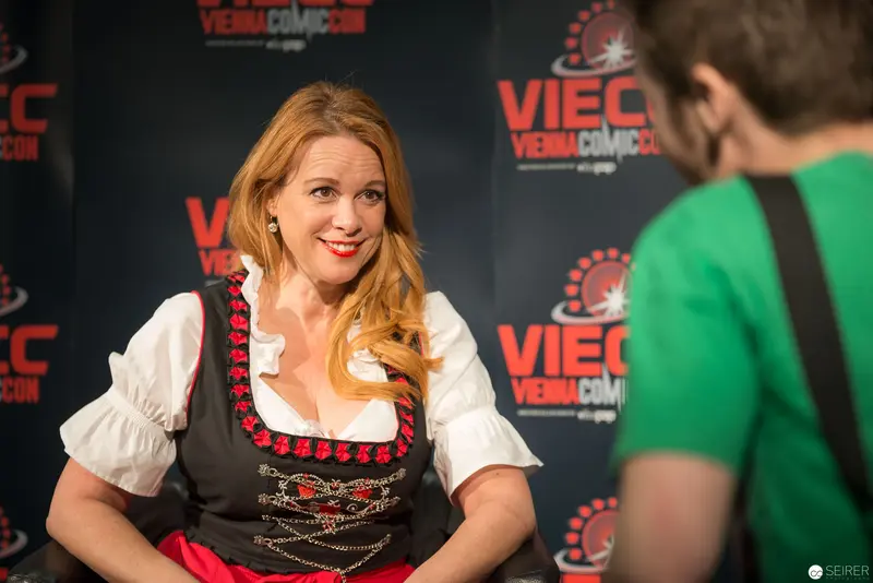 Chase Masterson in Traditional Dirndl at Vienna ComicCon 2017 Press Event