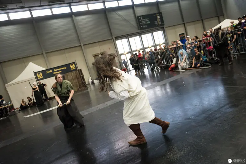 Klingenspiel Historical Fencing Performance: Dynamic Sword Demonstration in Indoor Venue