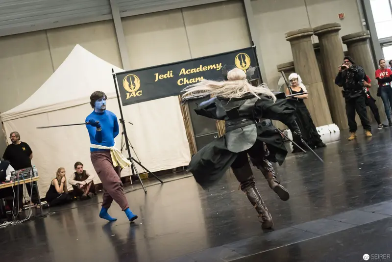Jedi Academy Championship: Lightsaber Combat Demonstration in Dynamic Pose