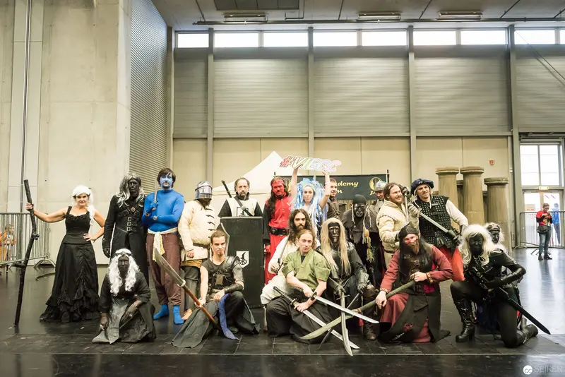 Klingenspiel Cosplay Group Pose at Historic Fencing Performance in Vienna