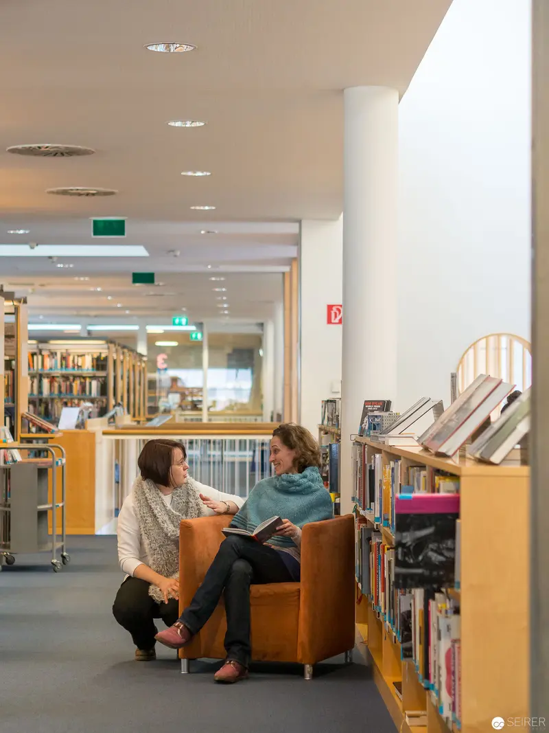 Two Readers Engage in Quiet Conversation amid Library Bookshelves