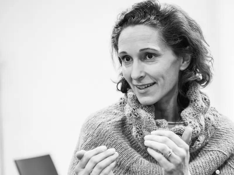 Melanie Laibl in Knitted Sweater: Expressive Portrait in Black and White