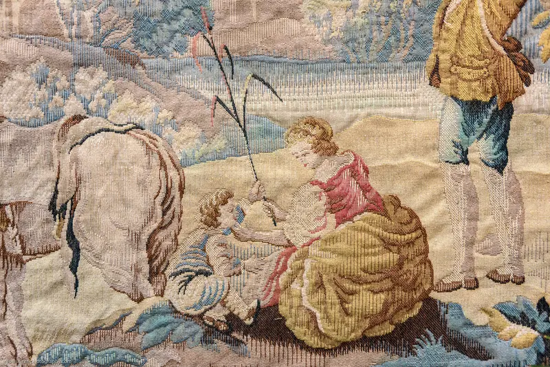 Tapestry Scene of Pastoral Figures in Soft Woven Landscape