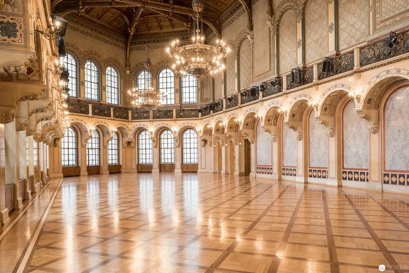 Grand Ballroom of Architectural Splendor: Baroque Hall with Elegant Arched Windows