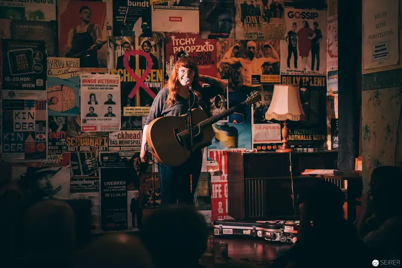 Acoustic Performer Illuminated Against Vintage Concert Poster Wall