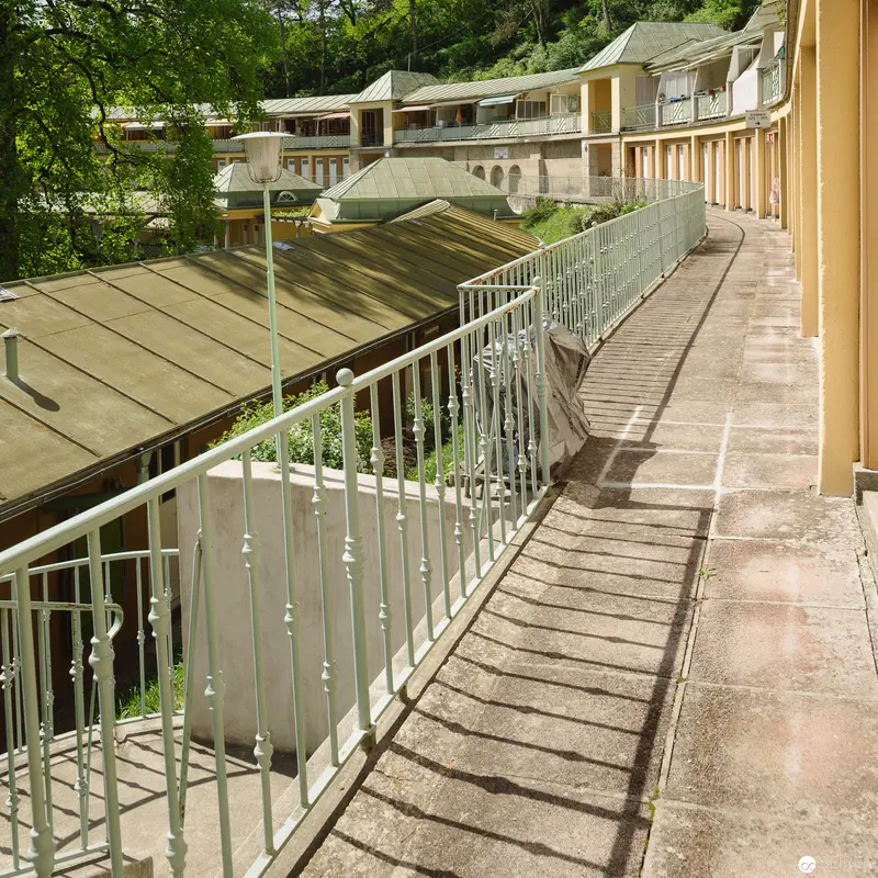 Architectural Walkway at Thermal Bath Complex in Bad Vöslau, Ornate Metalwork Railing