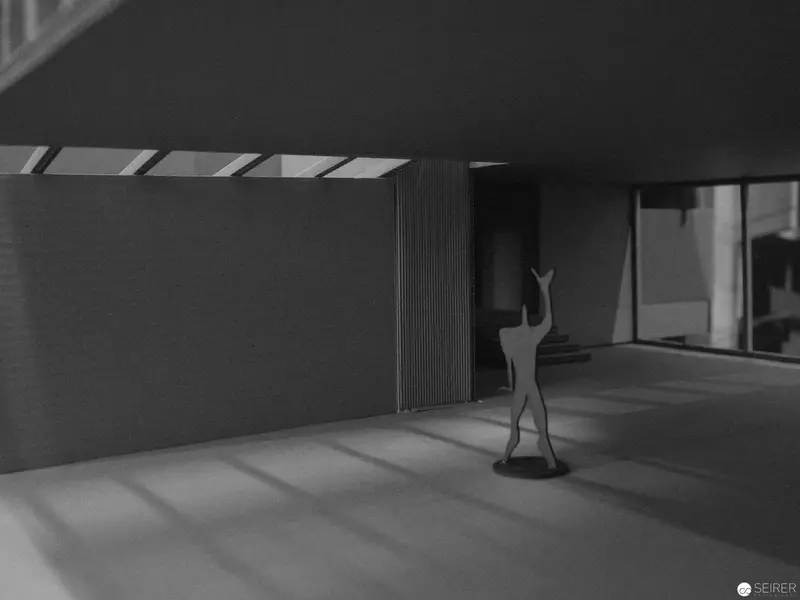 Silhouetted Figure in Minimalist Interior: Spatial Abstraction and Shadow Play