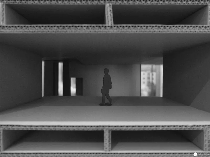 Architectural Cross-Section with Solitary Figure in Minimalist Interior Space