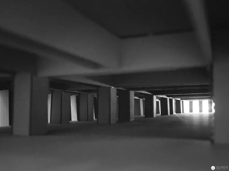 Black and White Architectural Void: Layered Concrete Interior Perspective