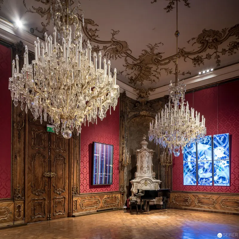 Baroque Salon with Ornate Crystal Chandeliers and Crimson Damask Walls