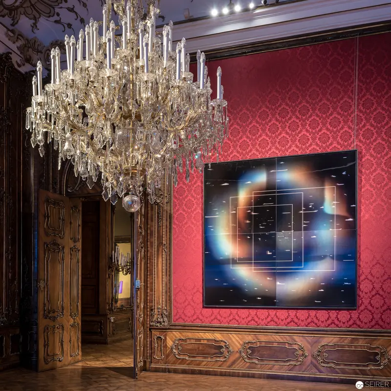 Baroque Chandelier and Contemporary Art in Ornate Viennese Gallery Space