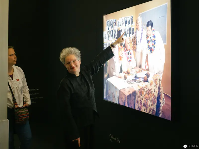 Art Historian Gesturing at Projected Photographic Installation