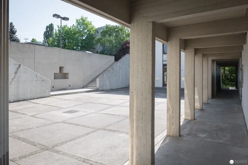 Concrete Architectural Space with Geometric Shadows at Oberbaumgarten Church Complex