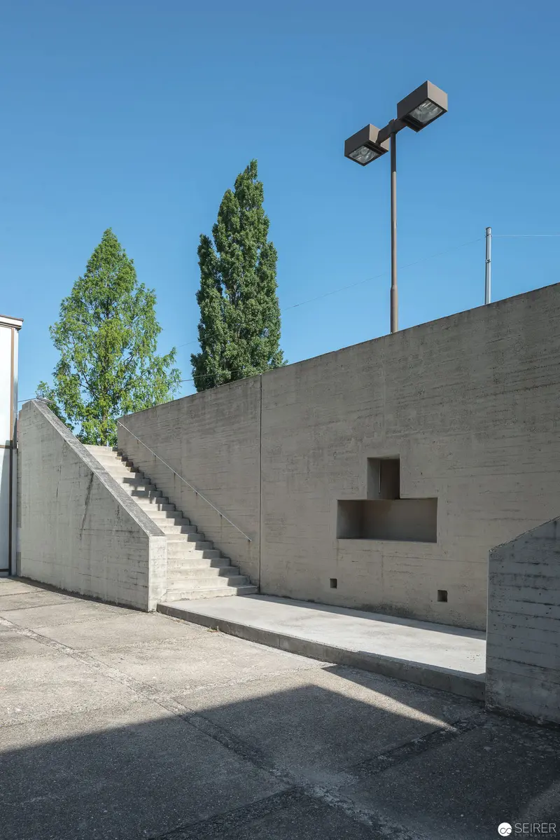 Concrete Architectural Study with Staircase and Cypress Trees in Urban Setting