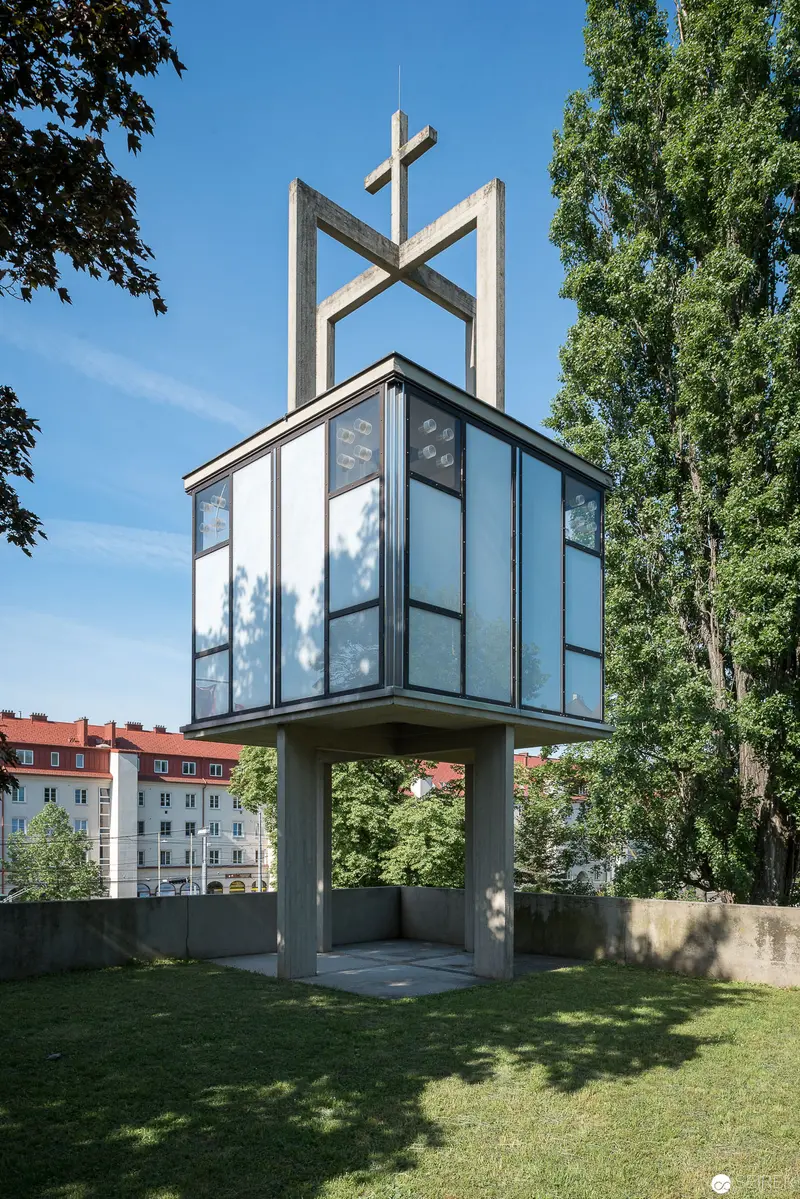 Modern Glass Chapel with Suspended Cross at Oberbaumgarten Church, Vienna
