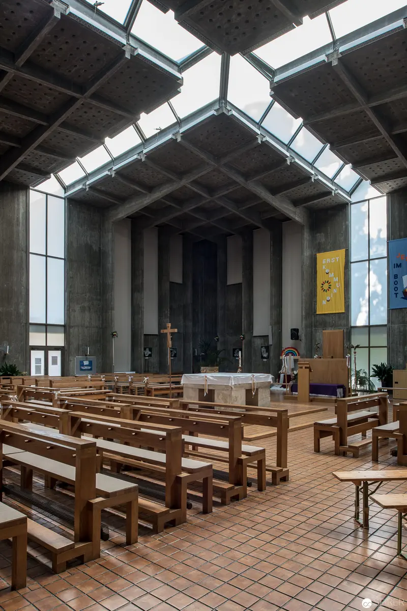 Interior of Modernist Church at Oberbaumgarten, Vienna with Geometric Skylights
