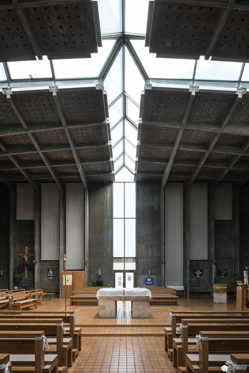 Modernist Church Interior at Oberbaumgarten, Vienna with Central Liturgical Axis