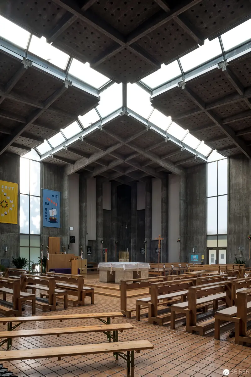 Modernist Church Interior at Oberbaumgarten, Vienna with Geometric Skylights