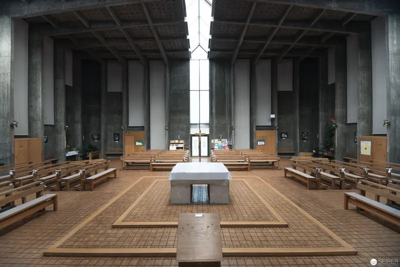 Modernist Church Interior with Central Stone Altar at Oberbaumgarten, Vienna