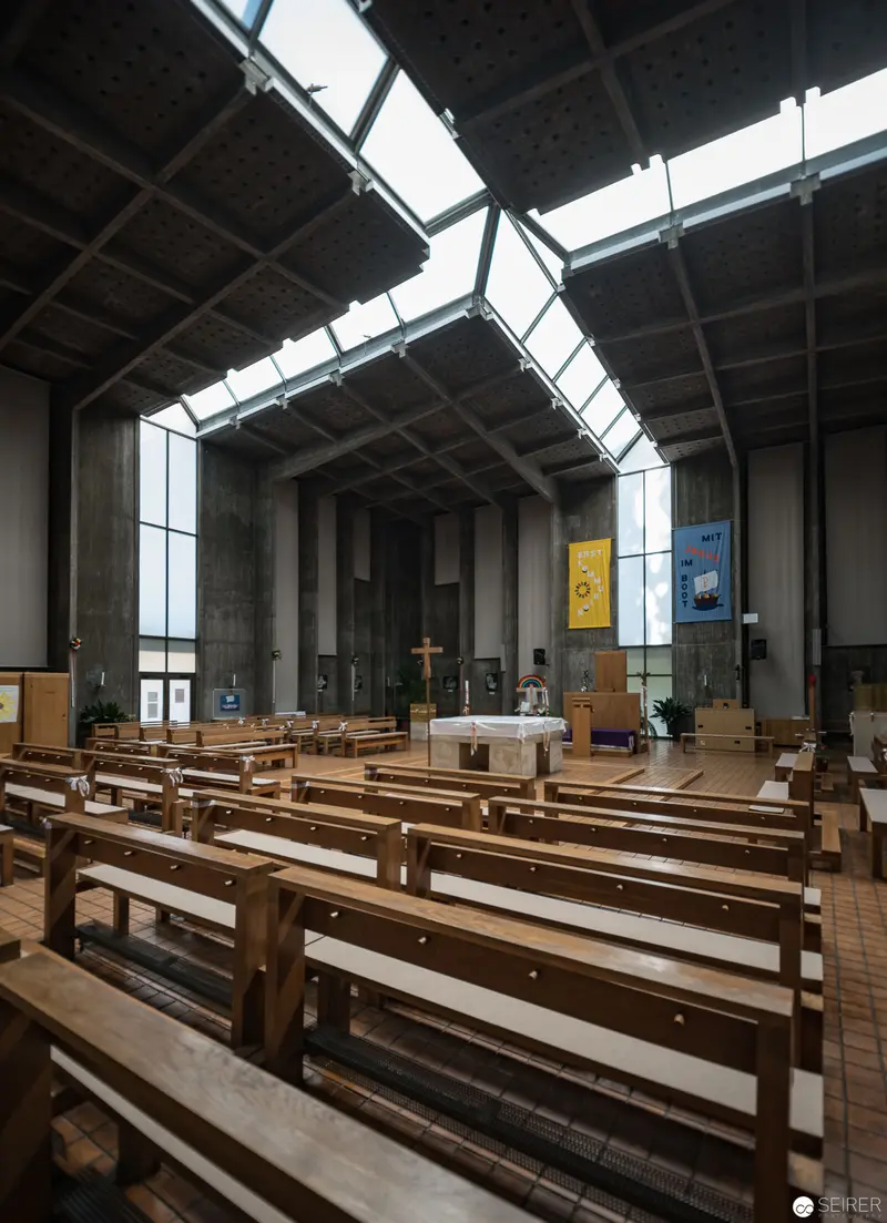 Modern Church Interior at Oberbaumgarten, Vienna with Geometric Skylights