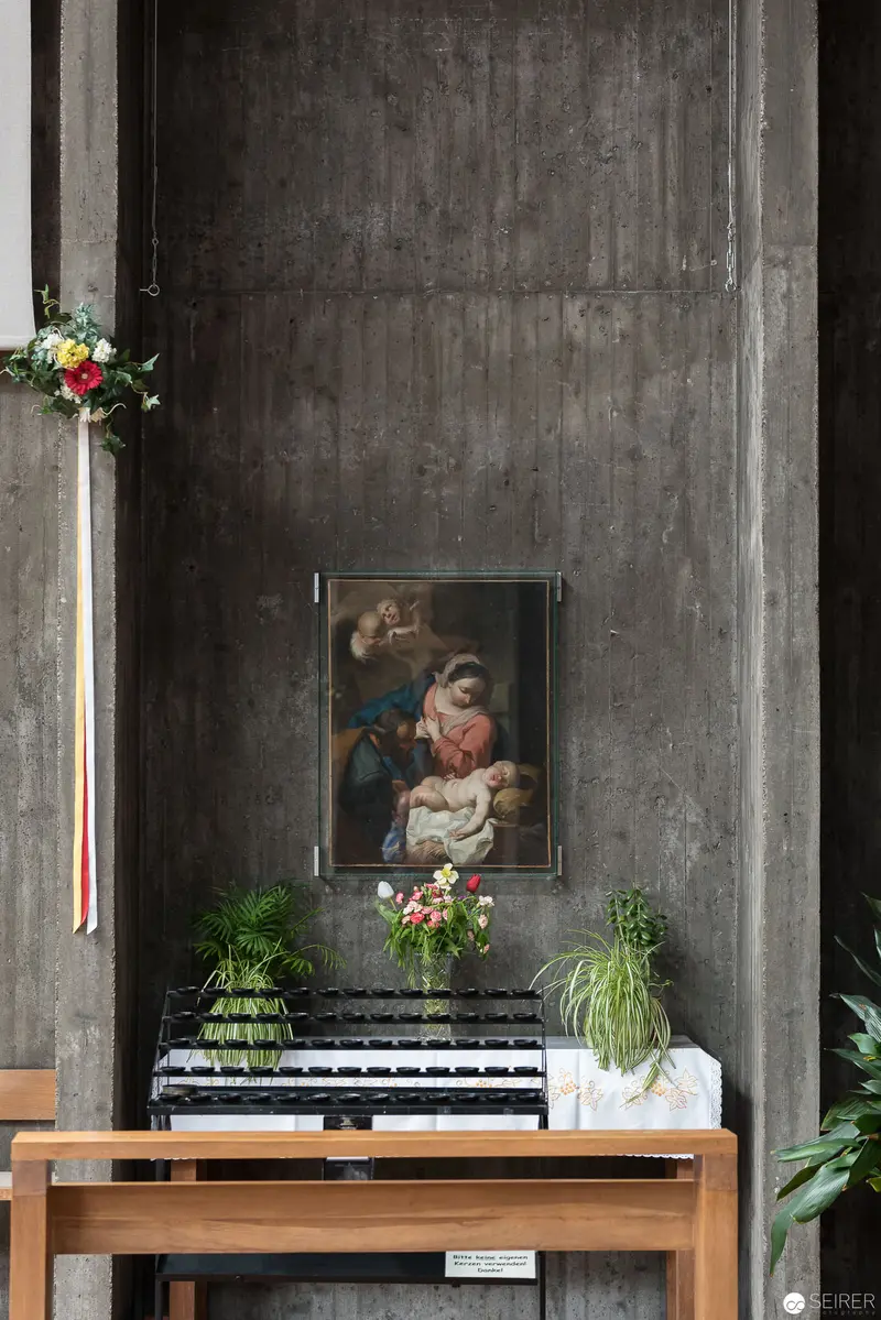 Madonna and Child Painting Within Austere Architectural Interior at Oberbaumgarten Church