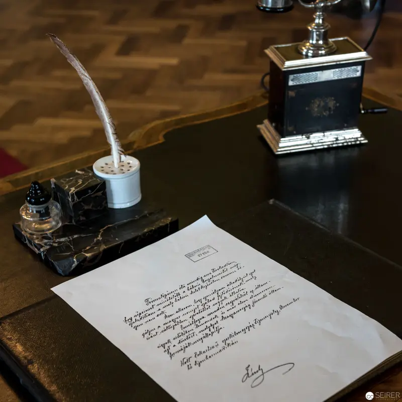 Elegant Writing Desk with Inkwell, Quill, and Signed Document at Schloss Eckartsau